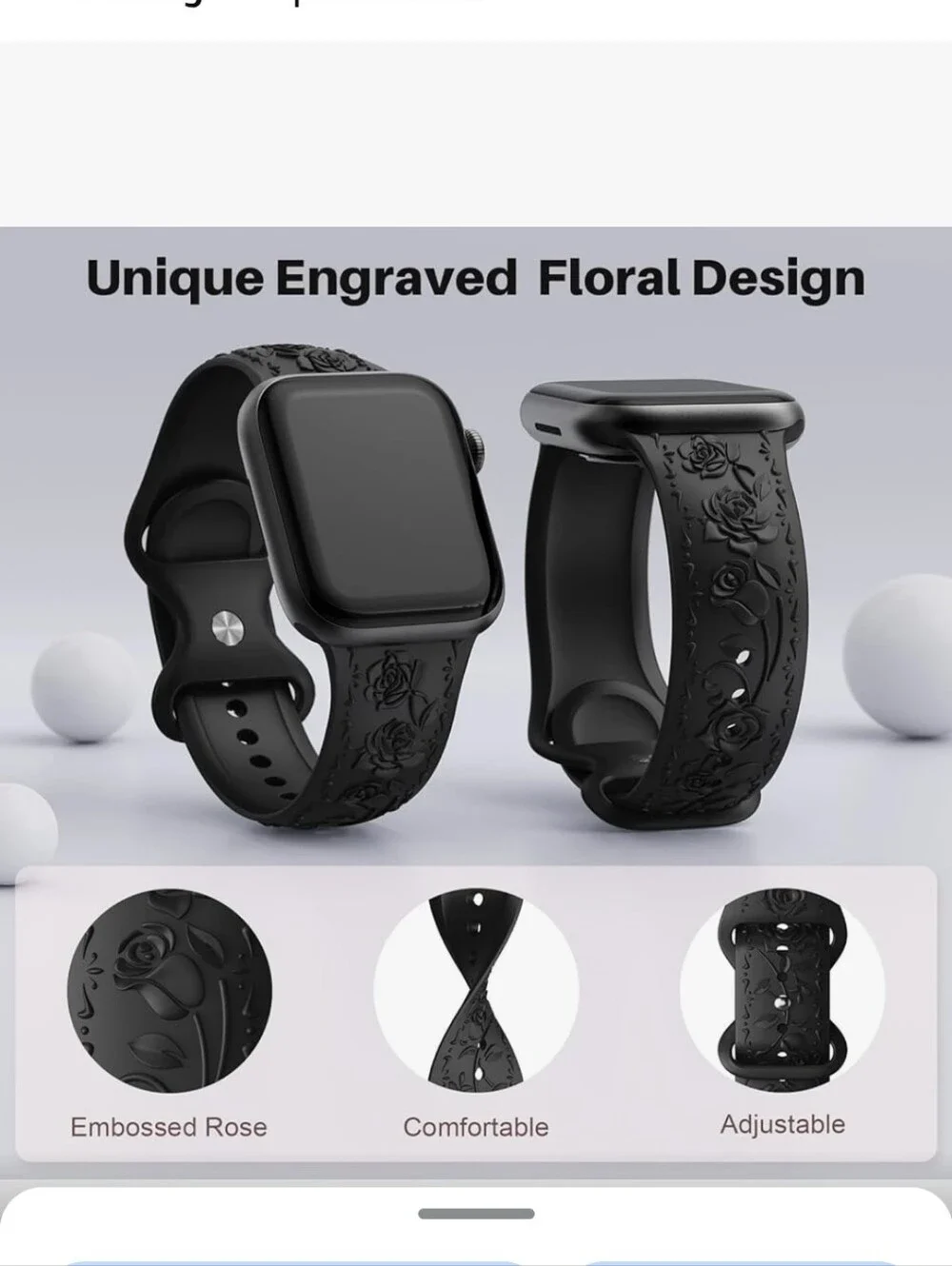 White & BLACK Floral Embossed Silicone Smartwatch Band